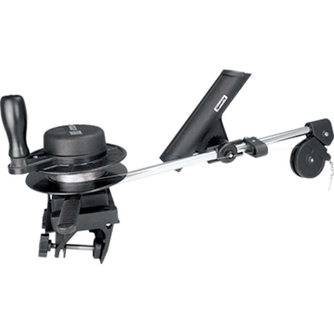 SCOTTY 1050MP DOWNRIGGER; DEPTHMASTER MANUAL DOWNRIGGER, DISPLAY PACKED, W/ROD HOLDER, 23” LONG-3/4” STAINLESS BOOM, 1' PER TURN SPOOL, AUTOMATIC BRAKE. INCLUDES 1010 MOUNT, EXTENSION HANDLE, AND 200' 150 POUND STAINLESS CABLE. INCLUDES 1021 CLAMP MOUNT.