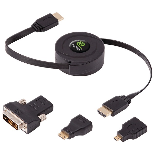 RETRAK ETCABLEHDM Retractable Standard HDMI Cable with Mini, Micro and DVI Adapters, 5 Feet
