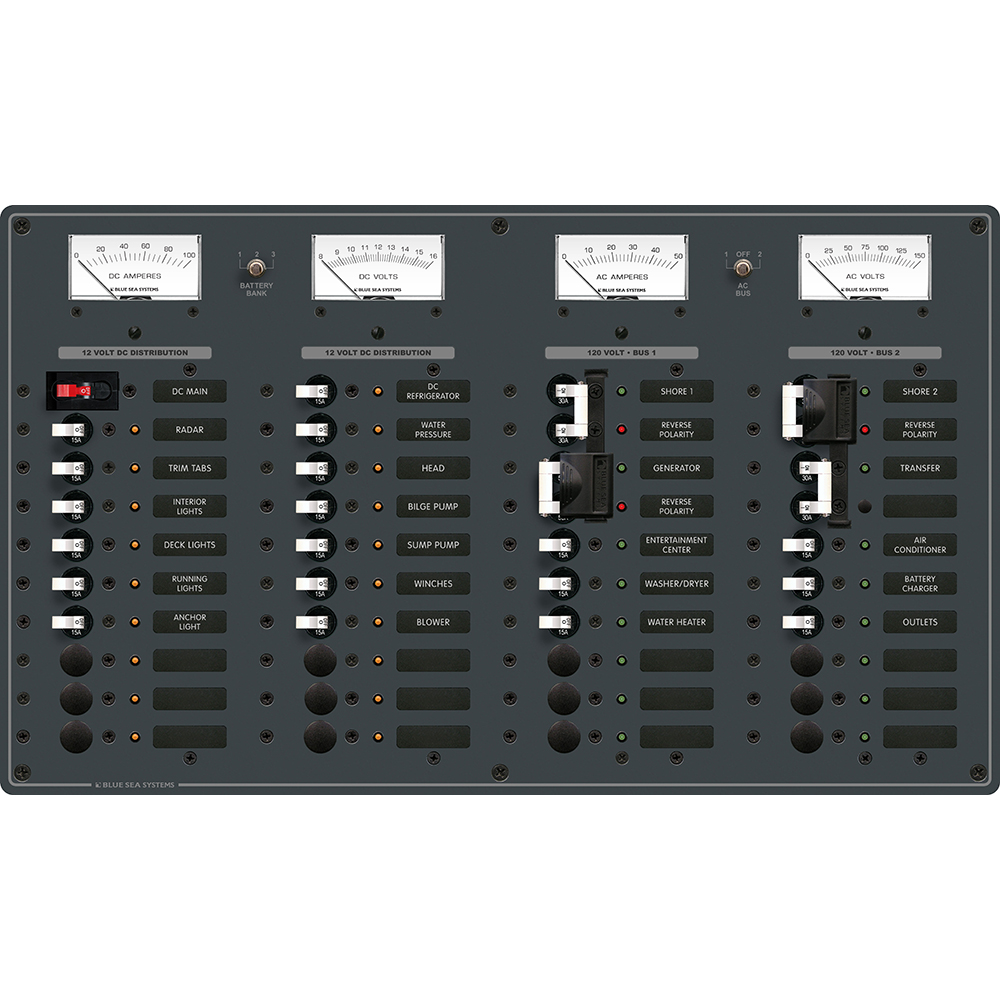 BLUE SEA 8086 AC 3 SOURCES +12 POSITIONS / DC MAIN +19 POSITION TOGGLE CIRCUIT BREAKER PANEL (WHITE SWITCHES)