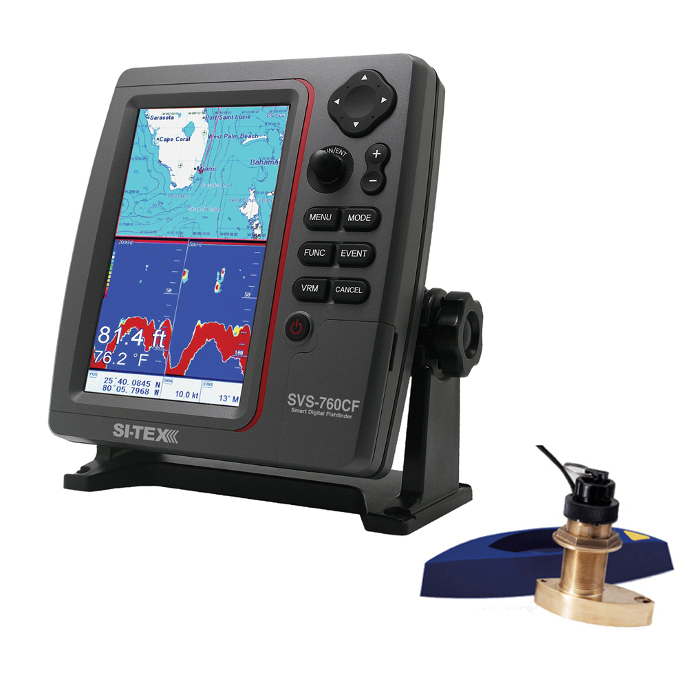 SI-TEX SVS-760CFTH2 SVS-760CF DUAL FREQUENCY CHARTPLOTTER/SOUNDER WITH NAVIONICS+ FLEXIBLE COVERAGE & BRONZE THRU-HULL TRIDUCER