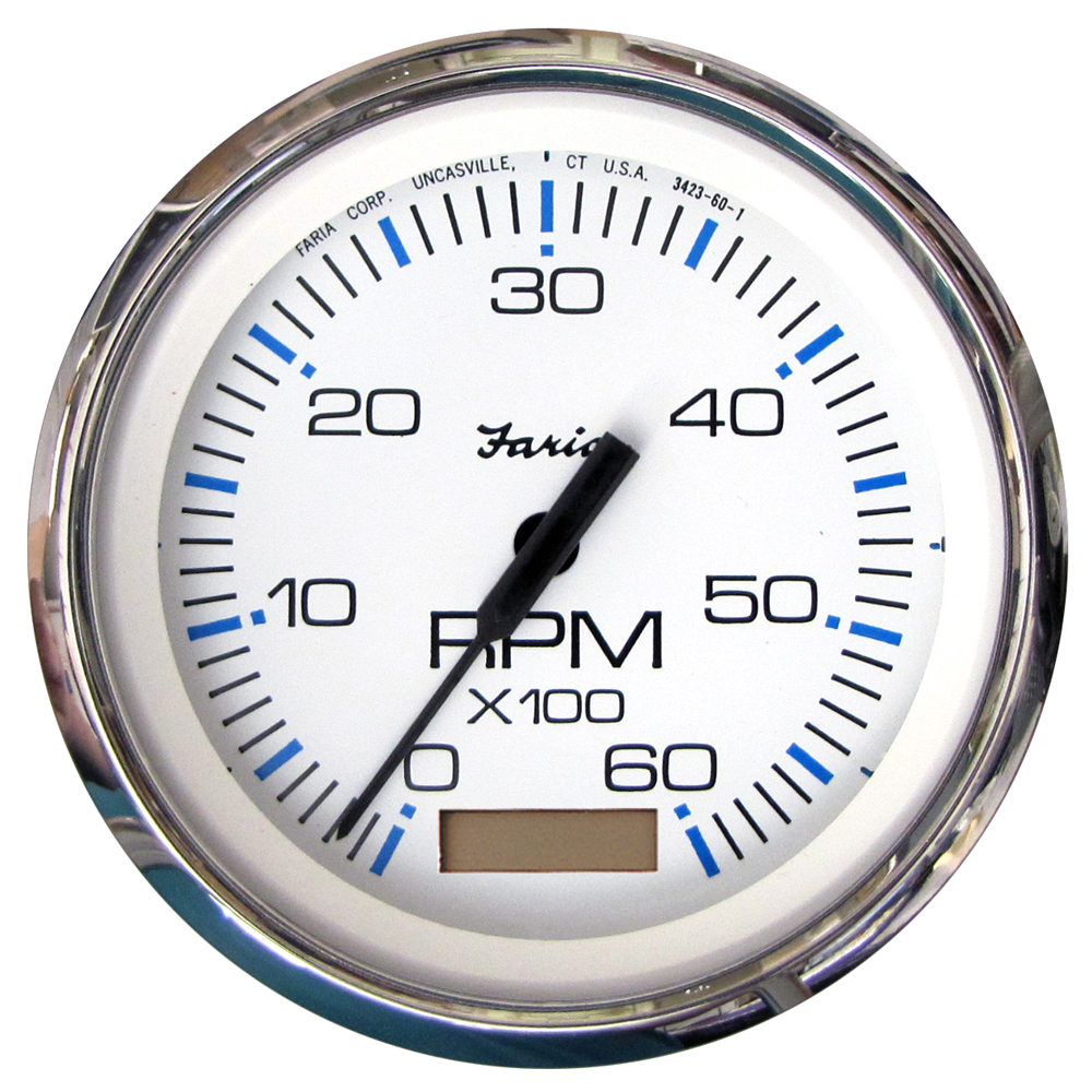 FARIA 33832 CHESAPEAKE WHITE SS 4” TACHOMETER WITH HOURMETER - 6,000 RPM (GAS - INBOARD)