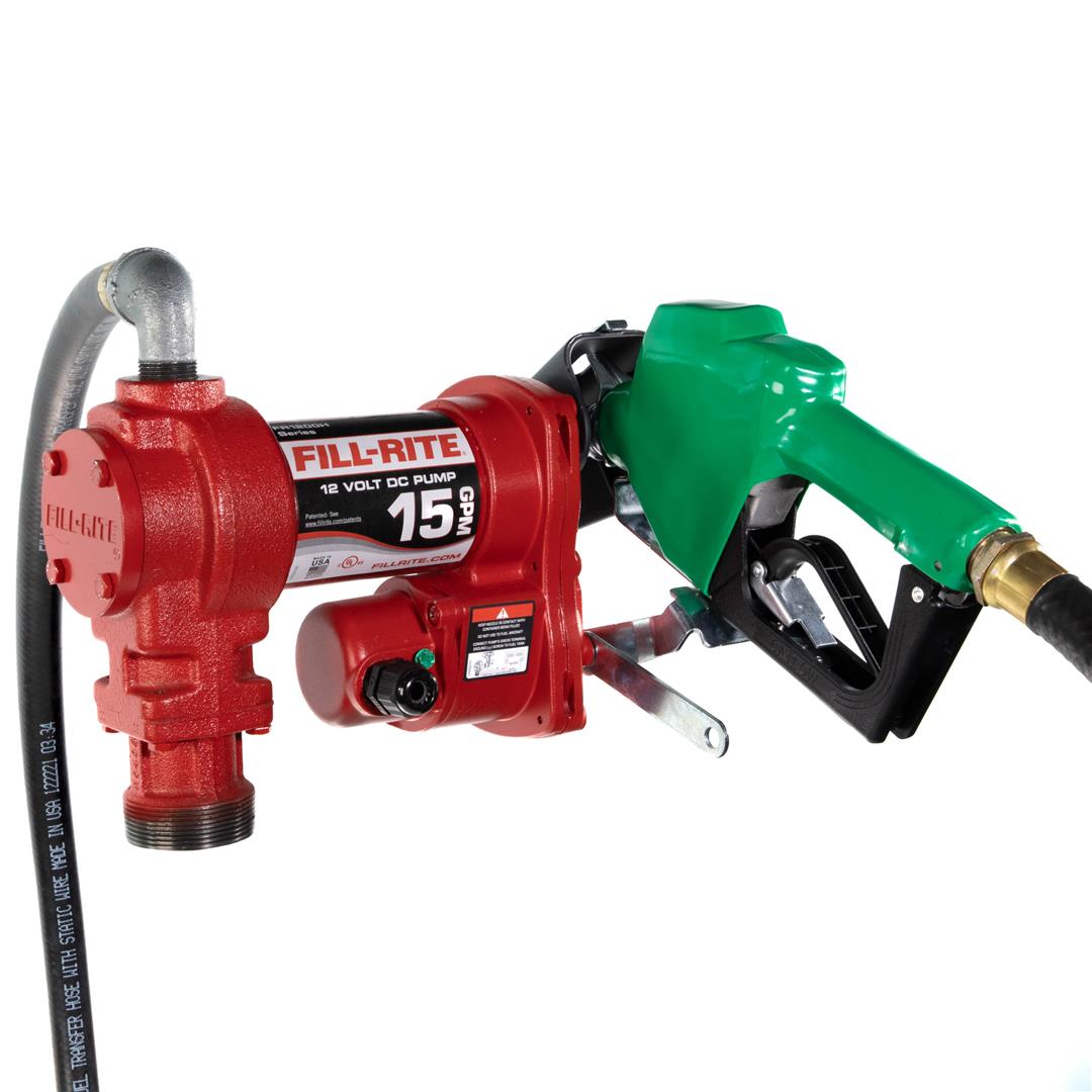 FILL-RITE FR1210HA1 12V 15 GPM Fuel Transfer Pump with Discharge Hose & Automatic Nozzle, Green - Gasoline, Diesel, Kerosene, Ethanol & Methanol Blends & Biodiesel
