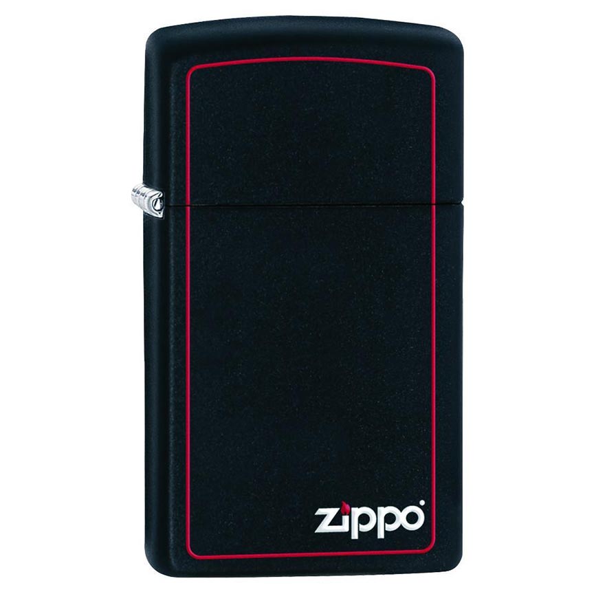 ZIPPO 1618ZB Windproof Lighter Slim Black Matte w/ Logo & Red Border