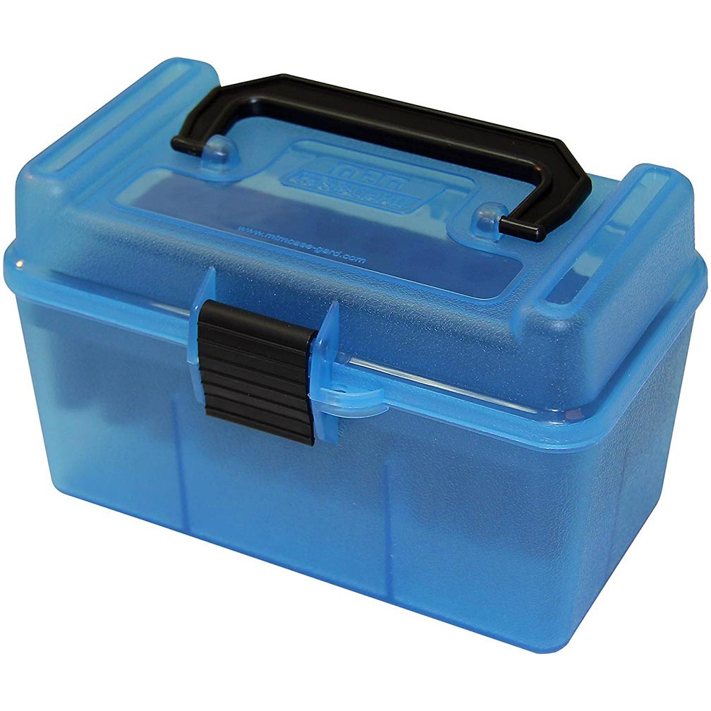 MTM H50-RM-24 Deluxe Ammo Box 50 Round Handle 22-250 243 308 Clear Blue