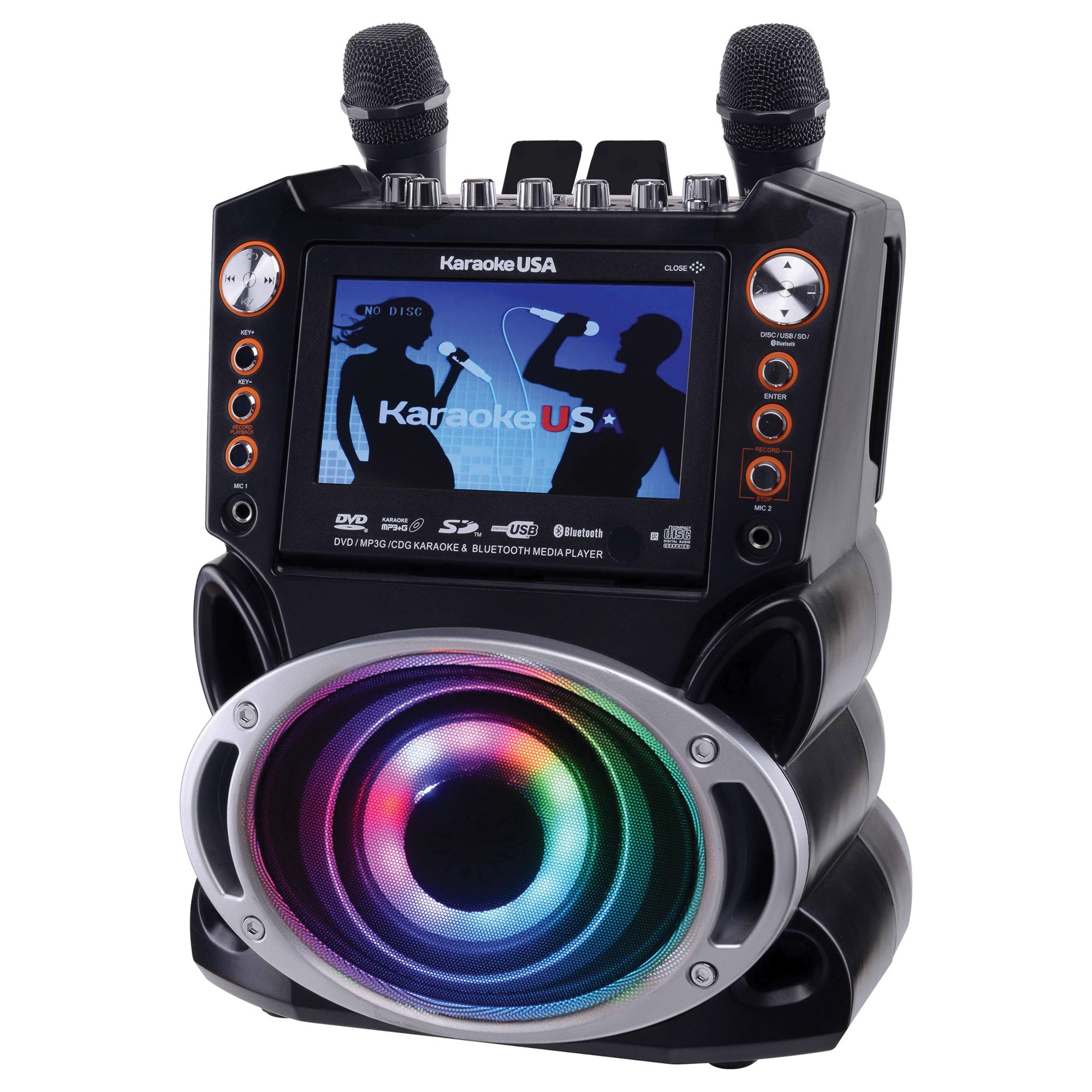 KARAOKE USA GF946 DVD/CD+G/MP3+G Bluetooth 35-Watt Karaoke System with 7-Inch TFT Digital Color Screen, LED Lights, HDMI Output, and 2 Microphones