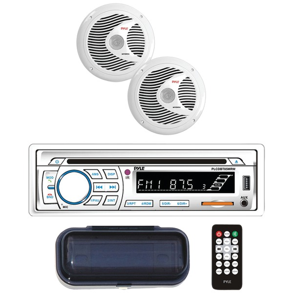 PYLE PLCDBT65MRW Marine Single-DIN In-Dash CD AM/FM Receiver with Two 6.5” Speakers, Splashproof Radio Cover & Bluetooth (White)