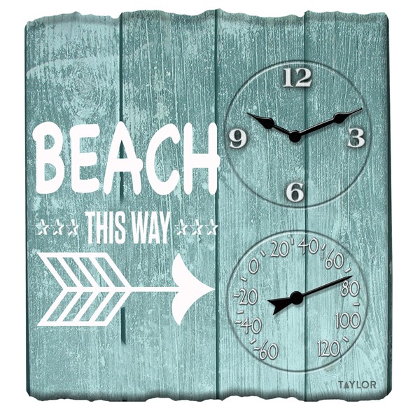 TAYLOR 92685T 14-Inch x 14-Inch Beach This Way Clock with Thermometer